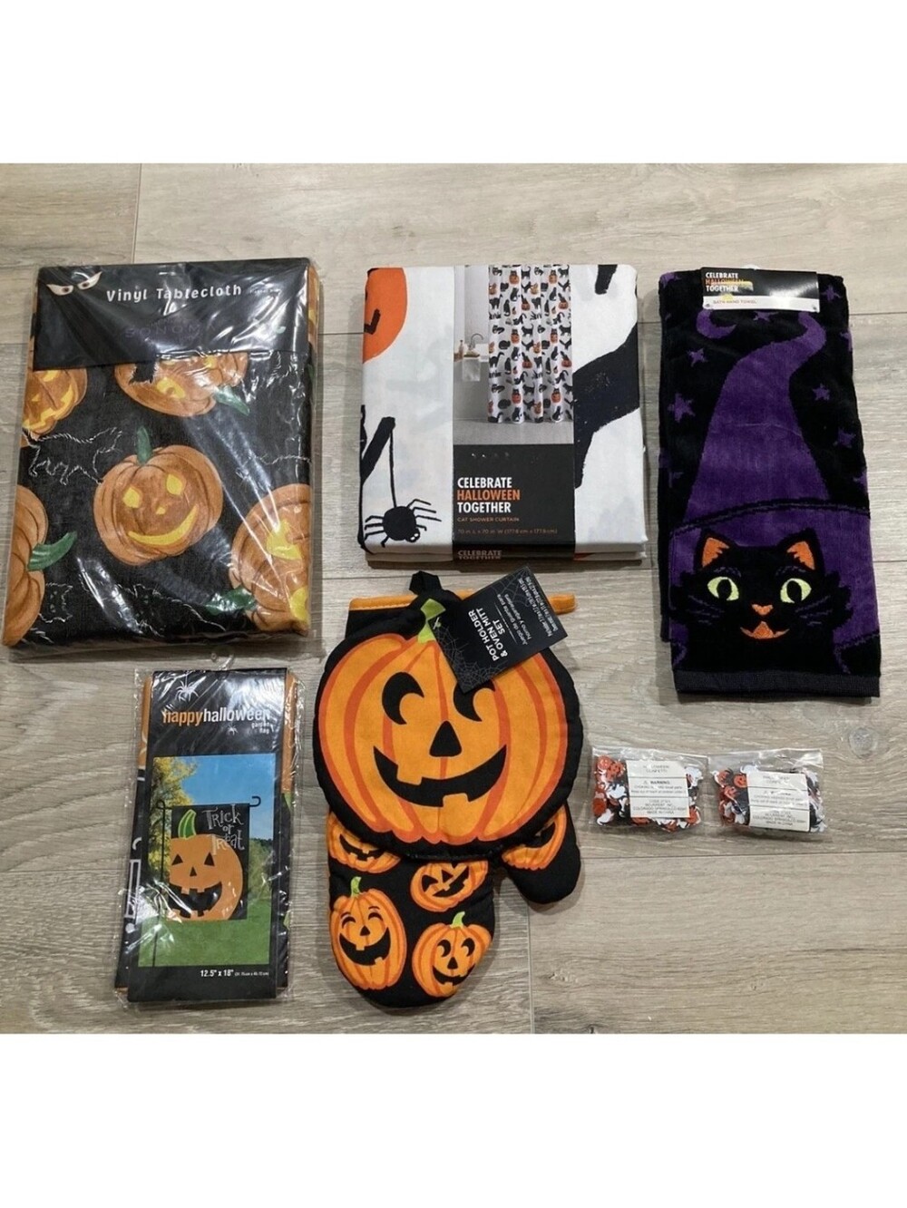 Halloween Decor Lot! Vinyl Tablecloth Shower Curtain Black Cat Towel Kohls